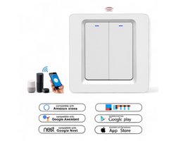 Smart Zigbee Lichtschakelaar | 2 knoppen | Indrukbare bediening | EU wandmontage | Zigbee 3.0 protocol | Tuya Smart Life | Alexa Google Home | Wit kunststof