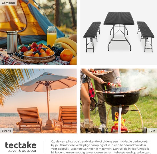 tectake® 3-delige Tuintafel Set - 180 cm - Campingtafel met 2 Banken - Inklapbaar - Lichtgewicht - Camping Tafel met Handgrepen - Ook te gebruiken als Biertafel, Picknicktafel, Buffettafel - Zwart van Merkloos — afbeelding 3