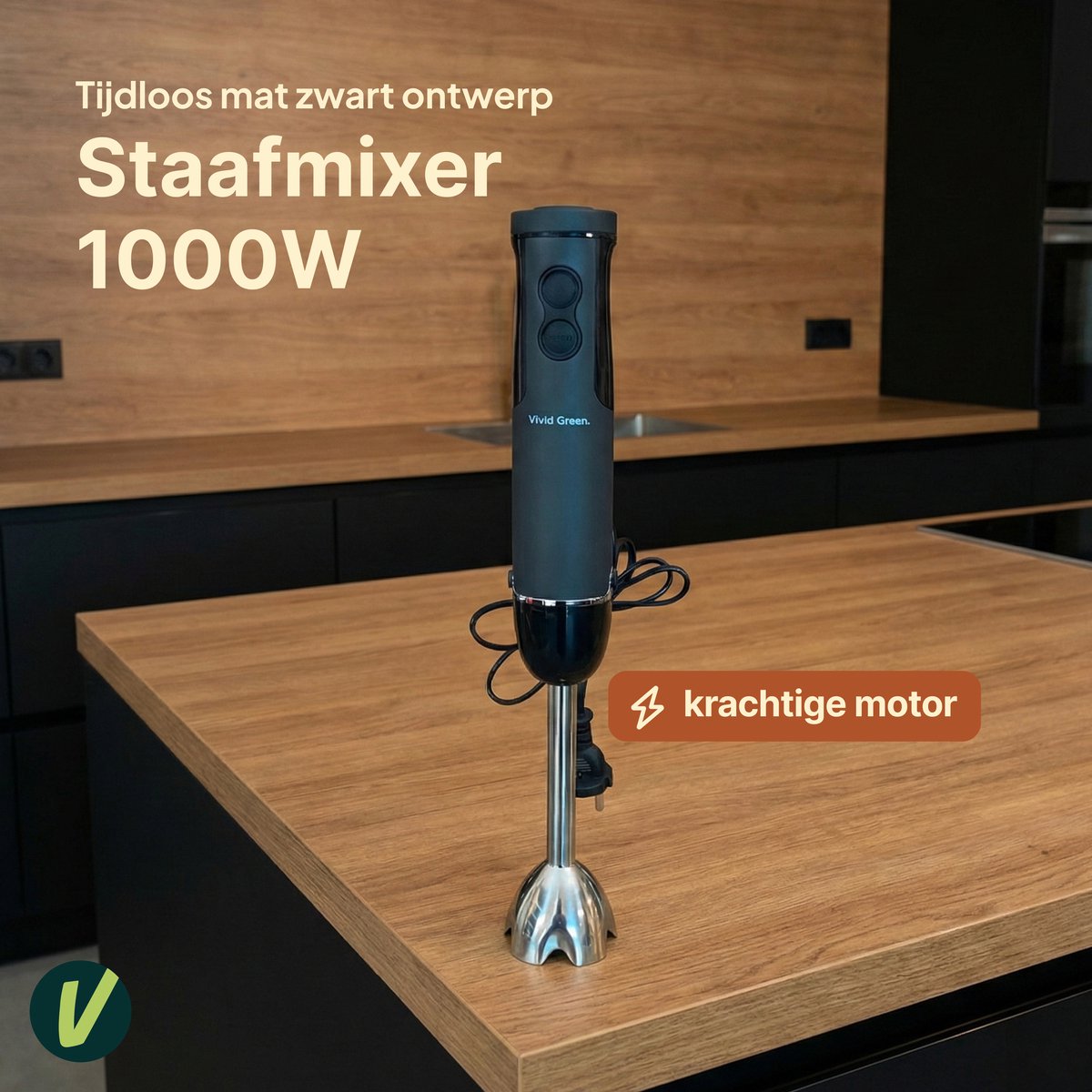 Staafmixer 5-in-1 Set - 1000W - Vaatwasserbestendig - Incl. Hakmolen, garde, melkopschuimer & Maatbeker - 12 Snelheden + Turbofunctie - Zwart - Vivid Green – foto 2