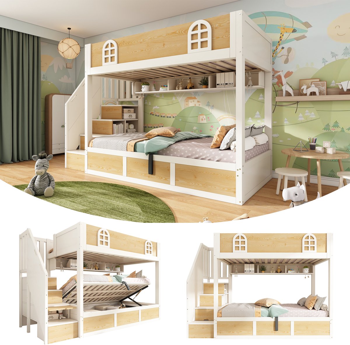 Clruro Stapelbed - 90x200 cm - Trapkast & Opbergruimte - met Veiligheidshekje - Hout - Wit