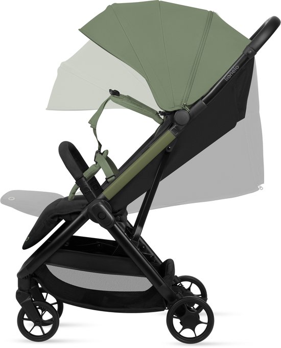 Zij-aanzicht van een lichtgroene en zwarte buggy met verstelbare kap en zitting.