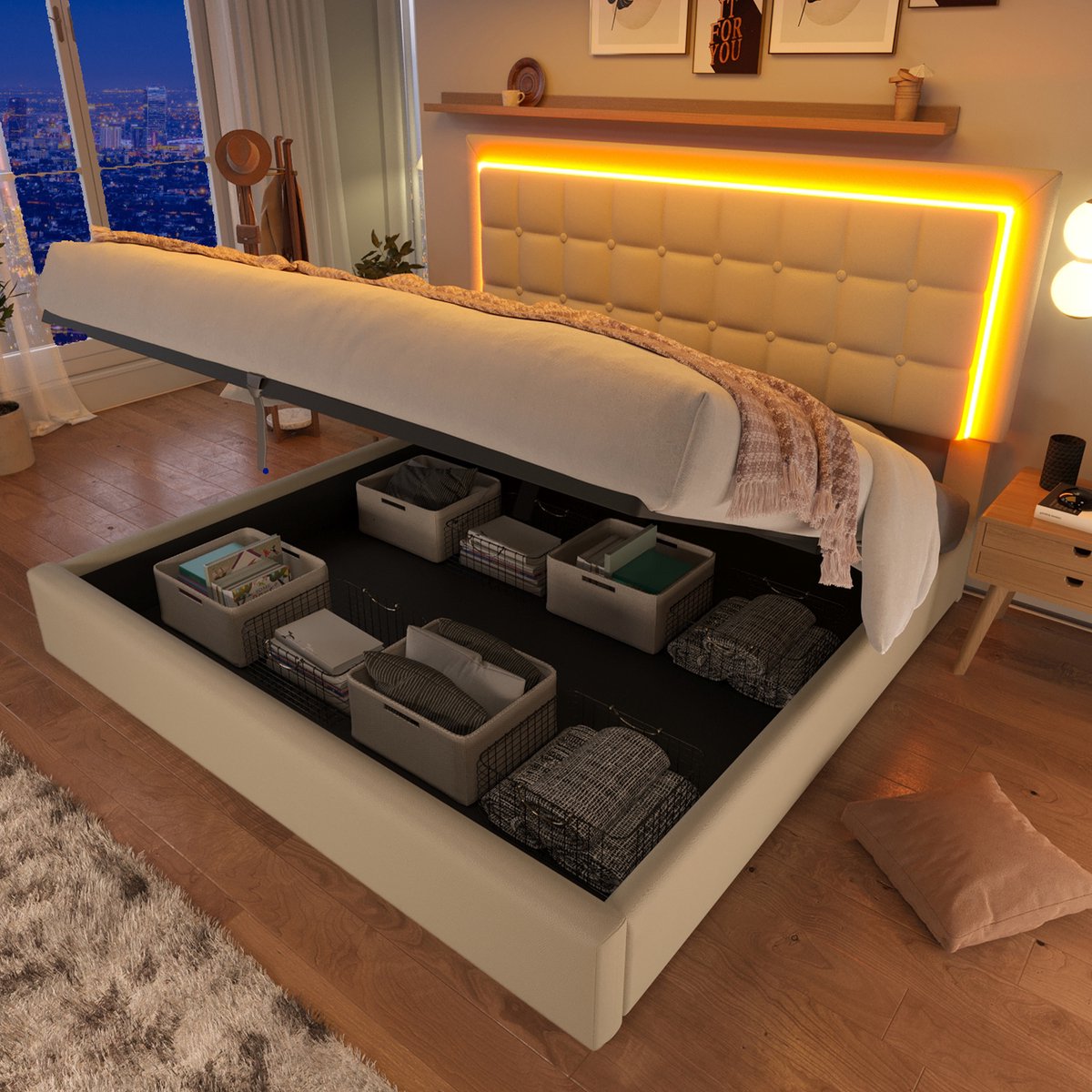 Gestoffeerd bed - 180x200 cm - Opbergbed met LED-strip - Inclusief Lattenbodem - Kunstleer - Wit