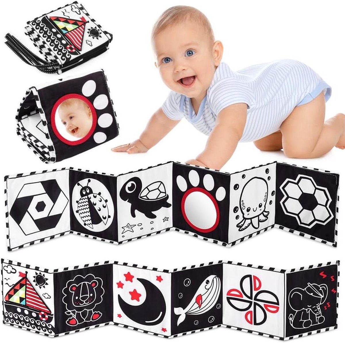 Zintuiglijke stoffen babyboek met spiegel en ritselpapier - babyspeelgoed voor pasgeboren baby's
