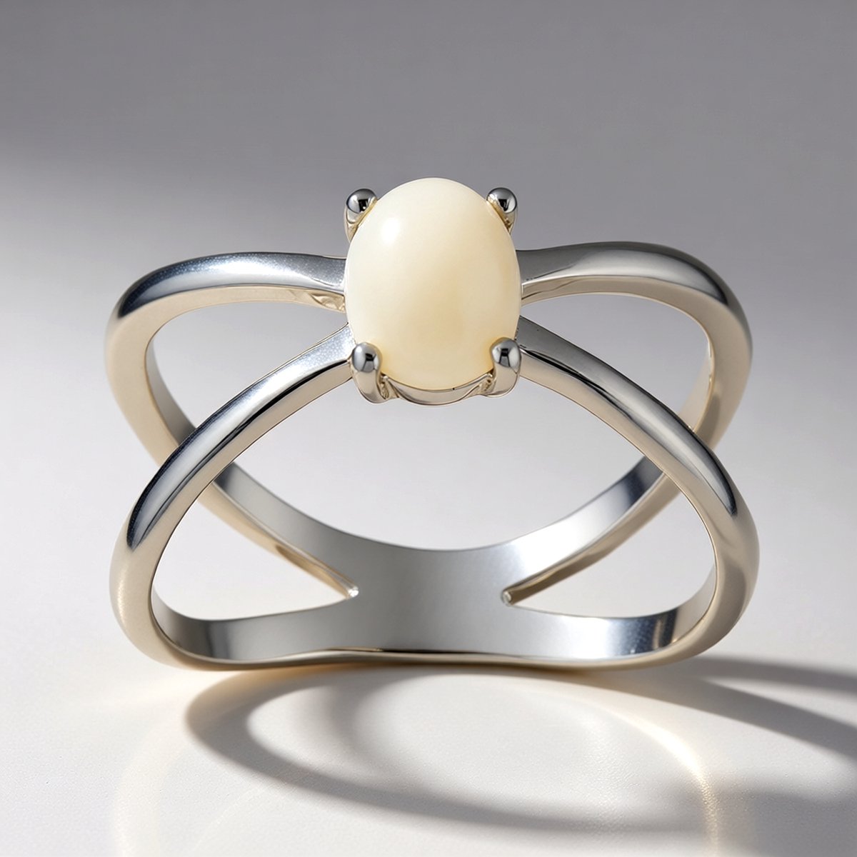 Cavill - Zilveren ring - 925 Sterling Zilver, geplatineerd - Witte Opaal Cabochon 0,449 ct - Ovaal 7x5 mm - Modern elegant minimalistisch design