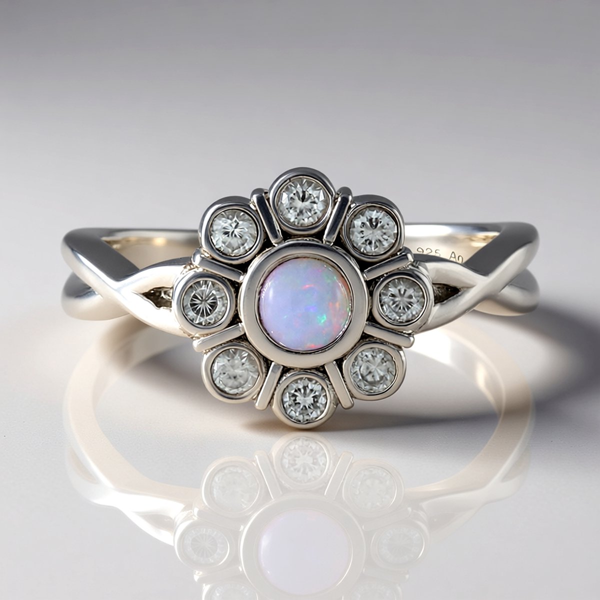 Cavill - Elegante Zilveren Bloemring - 925 Sterling Zilver Geplatineerd - 0,15 ct Australische Opaal & 0,34 ct Zirkonia - Ronde Cabochon 4mm