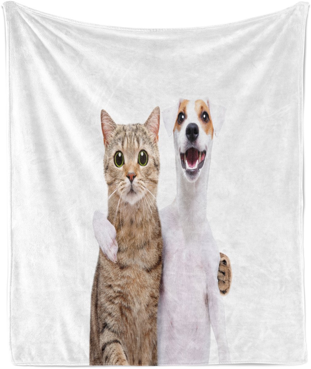 ABAKUHAUS Schattige Katten Zachte Flanellen Fleece Deken, Echte Vriendelijke Dieren, Gezellige Pluche Plaid, 175 x 230 cm, Warm Taupe Wit