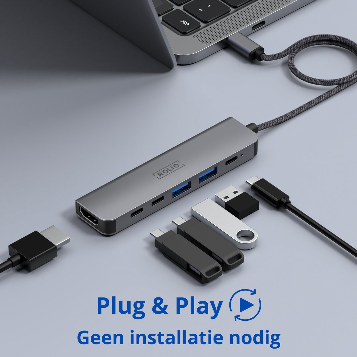 USB-C Hub 4K HDMI 60Hz, 3x USB-C, 2x USB-A, 35cm kabel, aluminium, universeel voor MacBook & Windows - Afbeelding 4