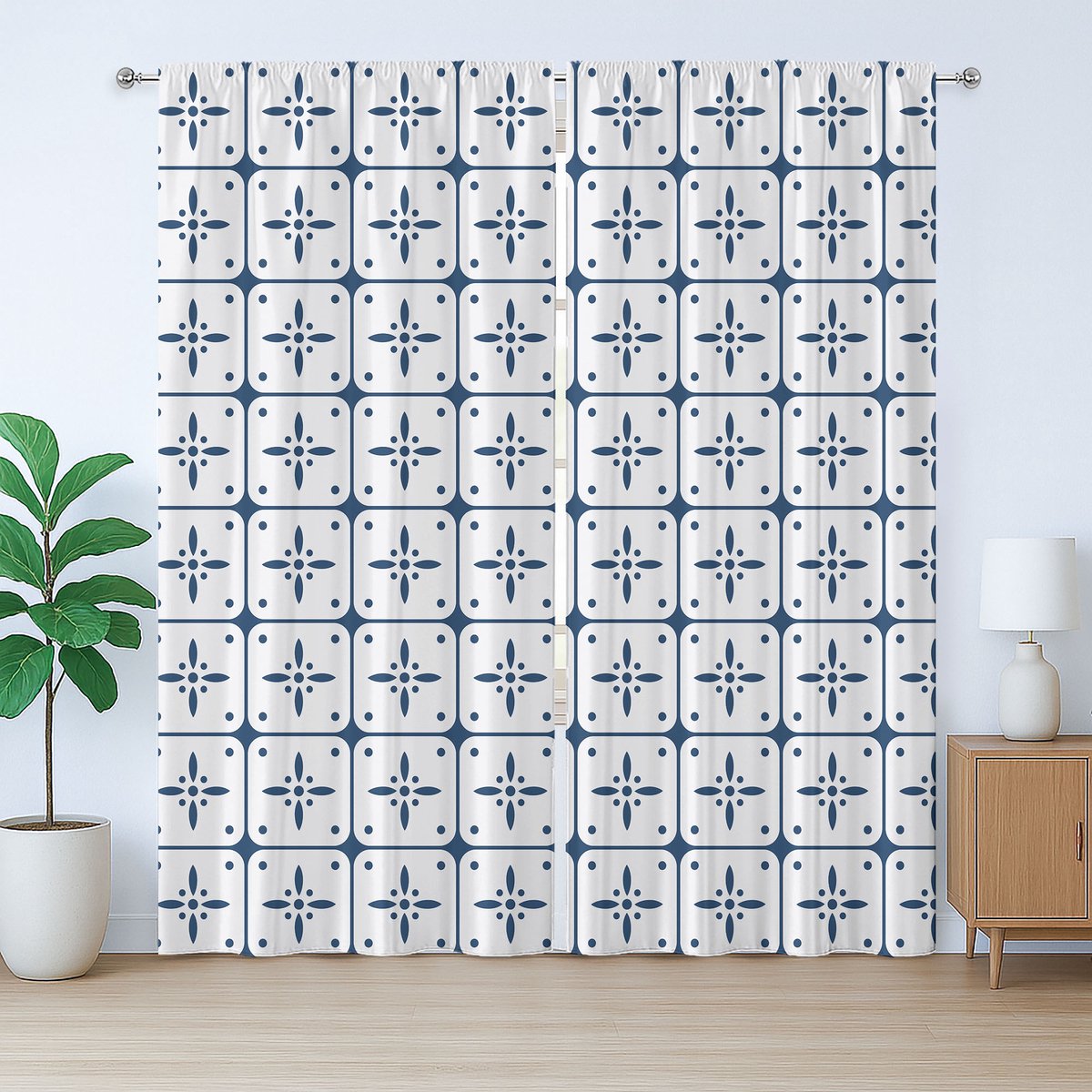 ABAKUHAUS Nederlands rustiek gordijn, klassiek Delfts blauw patroon, met lussen en haken voor de woonkamer, 280 x 175 cm, donkerblauw en wit