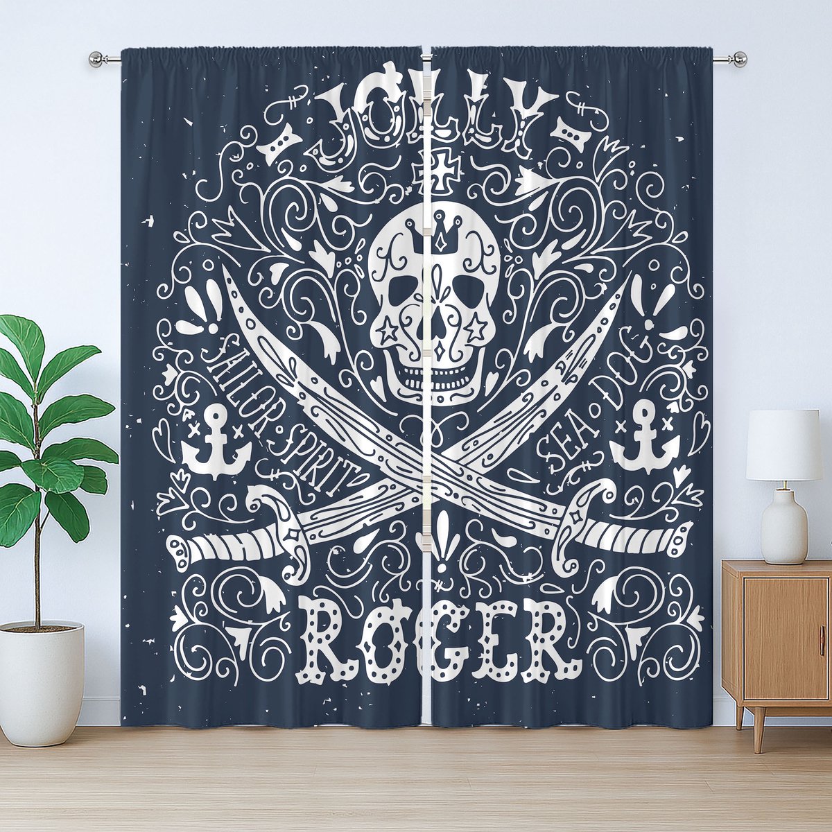ABAKUHAUS Rustiek Gordijn met Schedel, Piratenvlag (Jolly Roger), met Bandjes voor de Woonkamer met Lussen en Haken, 280 x 175 cm, Donkerblauw en Wit