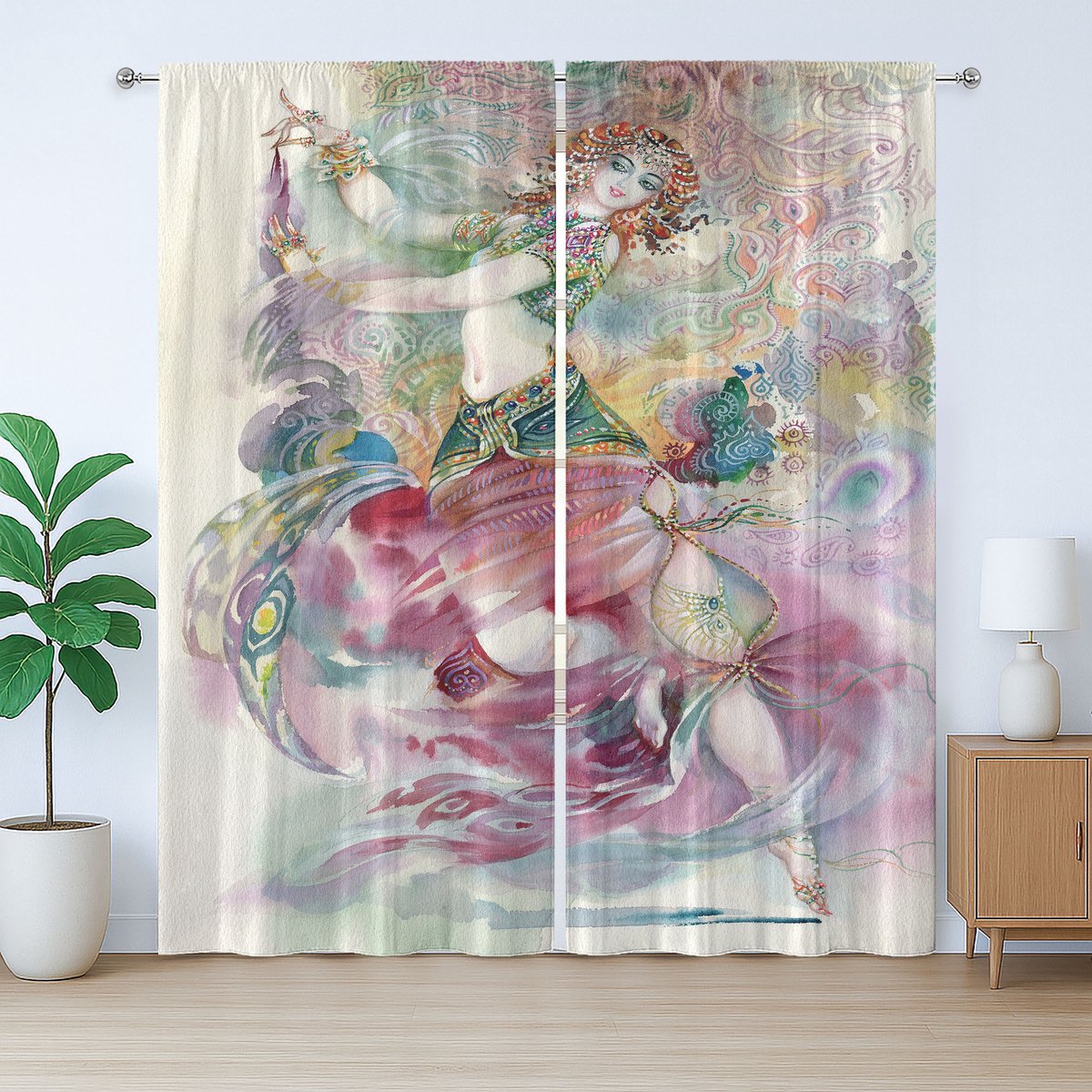 ABAKUHAUS Rustiek gordijn met aquarelprint, Oosterse danseres, met lussen en haken voor de slaapkamer, 280 x 225 cm, wit met meerdere kleuren