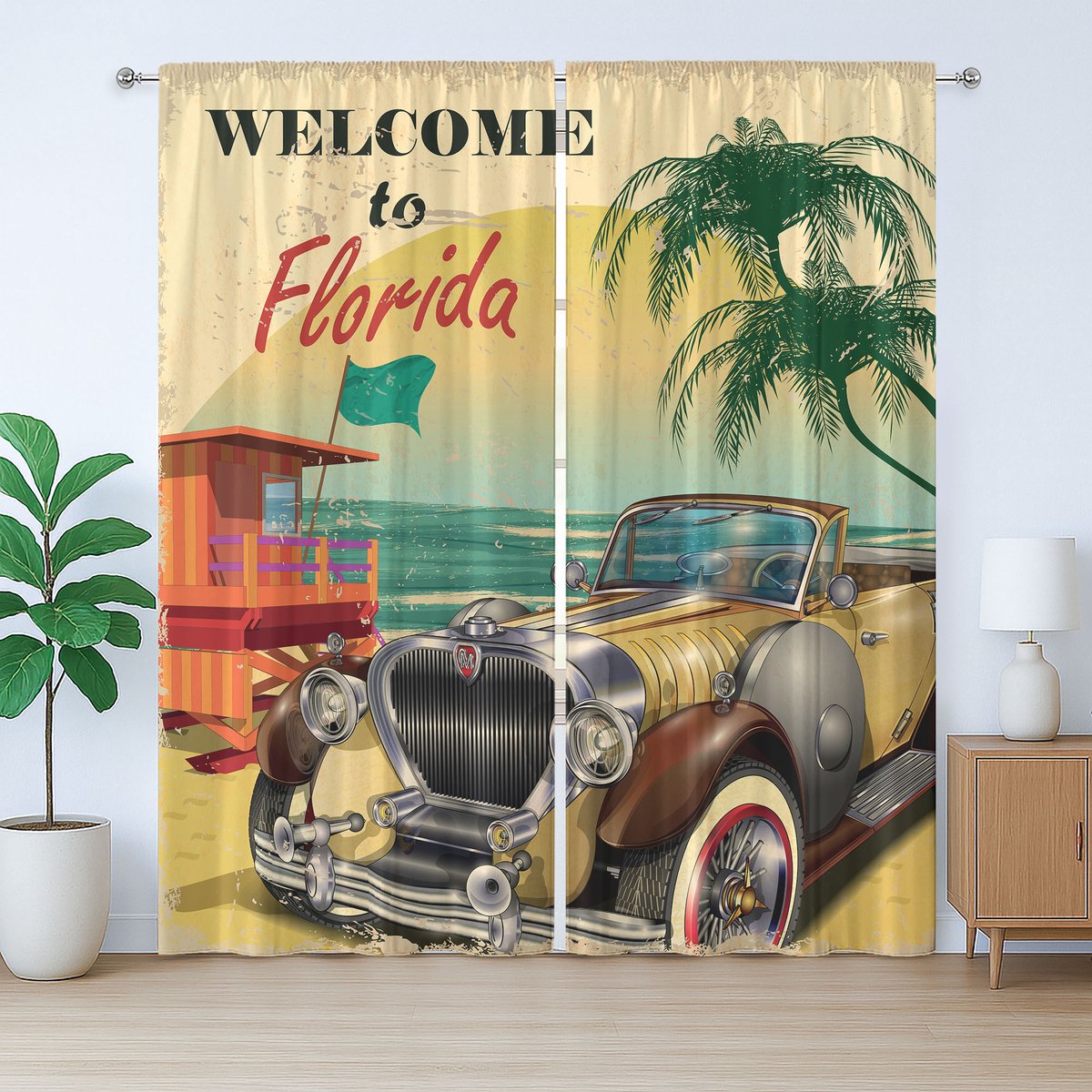 ABAKUHAUS Florida Rustiek Gordijn, Afbeelding Oude Strandauto, met Bandjes, Lussen en Haken voor de Woonkamer, 280 x 175 cm, Multicolor
