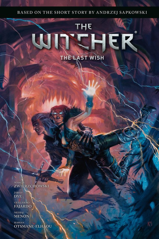 Couverture de livre représentant Geralt et Yennefer utilisant la magie au milieu d'éclairs. Basé sur The Witcher: The Last Wish.