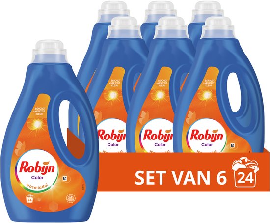 Zes flessen Robijn Color wasmiddel in oranje met blauwe etiketten, verpakt in een kartonnen set van 6.