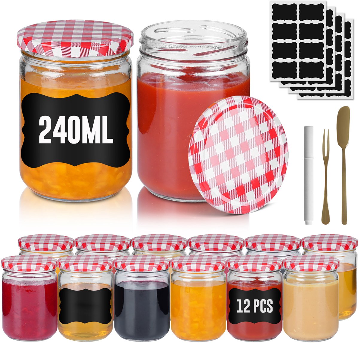 ACXIN Kleine Bewaarpotjes Mason Jars - Luchtdichte Ronde Potjes Met Metalen Deksel - Rood & Wit Gevlekt - 240 ml - Set Van 12