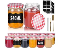 ACXIN Kleine Bewaarpotjes Mason Jars - Luchtdichte Ronde Potjes Met Metalen Deksel - Rood & Wit Gevlekt - 240 ml - Set Van 12