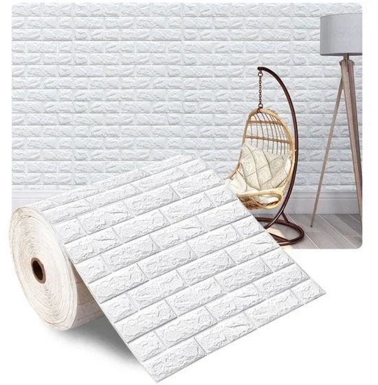 3D-schuim zelfklevende behangrol, muursticker met wit baksteenpatroon, verwijderbare muursticker van polyethyleenschuim, geschikt voor thuiskantoren (afmetingen: 50 × 300 cm, kleur: wit)