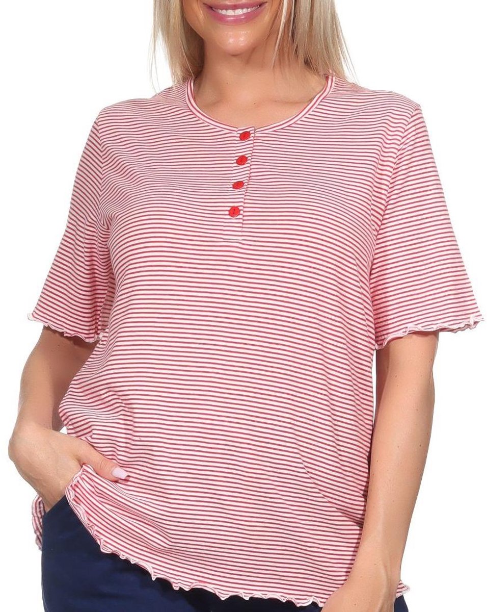 Normann Damespyjamashirt met korte mouwen mix & match streifen_pink