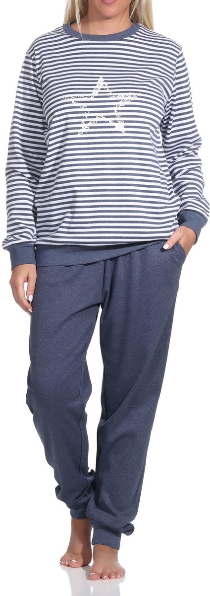 Normann Knusse damespyjama lang met manchetten en stermotief - ook in oversize blau-melange