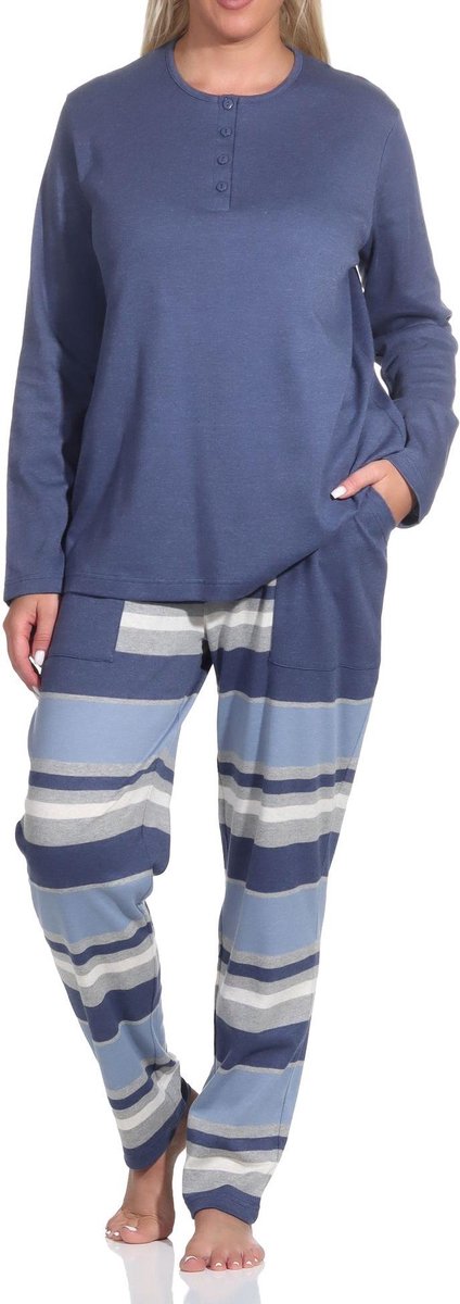 Normann Coole damespyjama met gestreepte broek in behaaglijke interlockkwaliteit blau-melange
