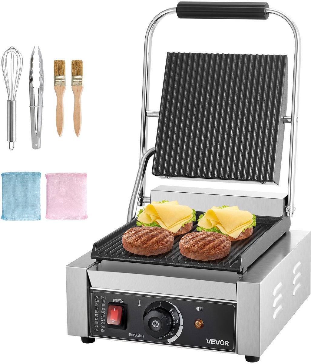 VEVOR Commerciële Panini Grill Sandwich Maker Grillplaat 22x23cm Panini Maker