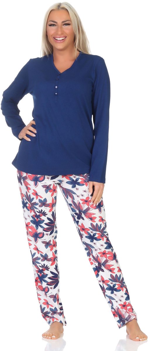 Normann Dames Pyjama met lange mouwen in bloemmotief - ook in overmaten navy