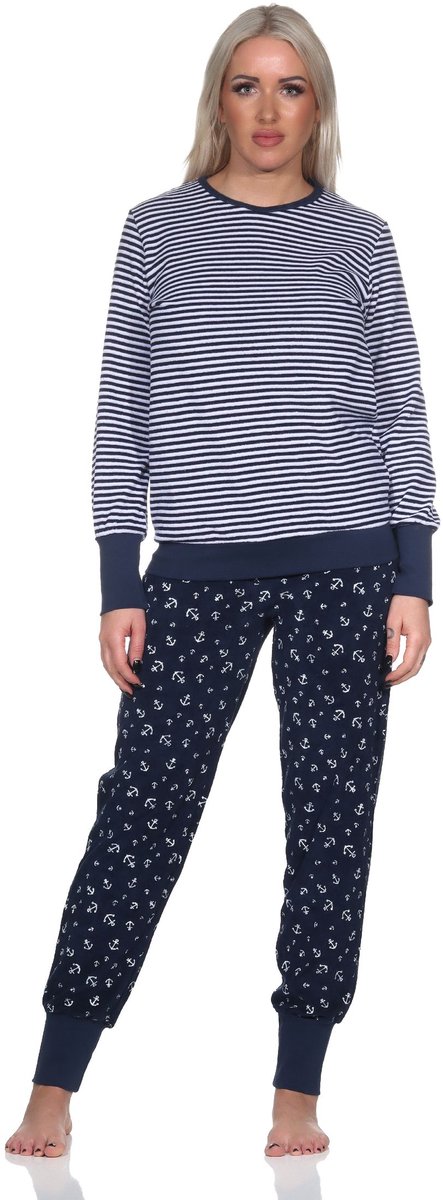 Normann damespyjama van lange badstof met manchetten in maritieme look - ook in oversize marine1