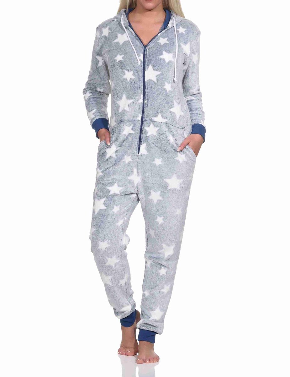 Normann Damespyjama jumpsuit in sterdessin van behaaglijk warm koraalfleece blau