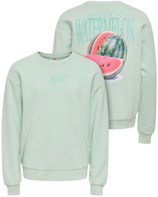 Sweat-shirt vert menthe avec imprimé pastèque et texte 'WATERMELON' sur le devant et le dos.