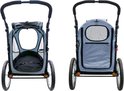 Grijze hondenbuggy, voorkant en achterkant. De buggy heeft een zitje met een veiligheidsgordel en gaas voor ventilatie.