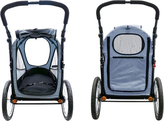 Grijze hondenbuggy, voorkant en achterkant. De buggy heeft een zitje met een veiligheidsgordel en gaas voor ventilatie.