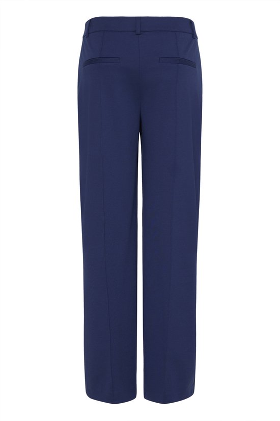 Donkerblauwe, wijde broek met rechte pijpen, hoge taille, getoond van de achterkant.