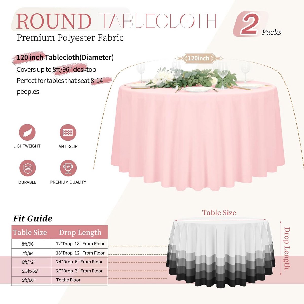 Set van 2 Ronde Polyester Tafelkleden 305 cm - Waterdicht en Wasbaar - Roze