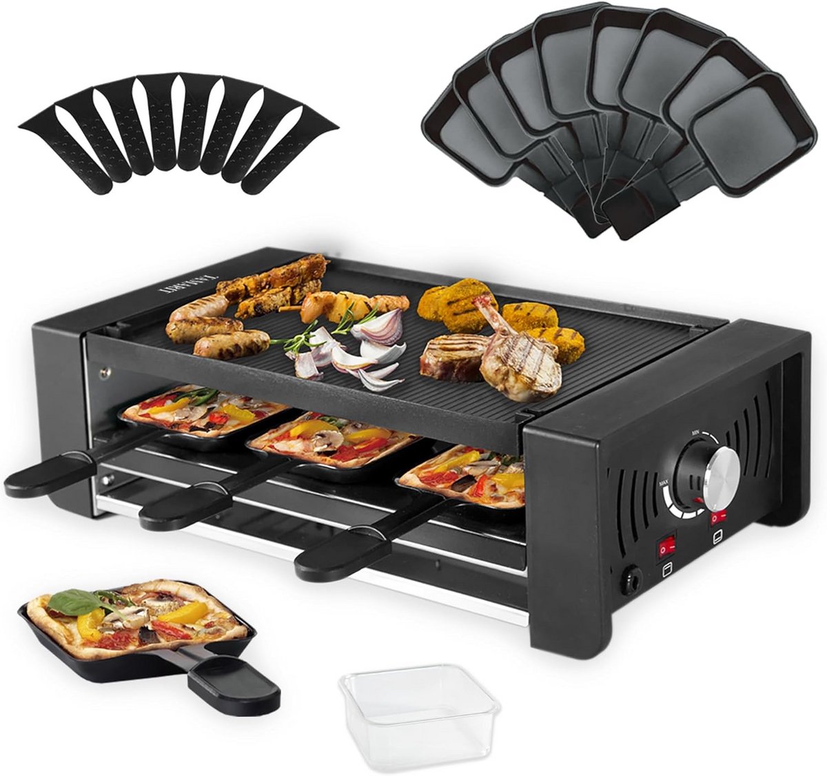 Elektrische Raclette en Pizza Grill voor 8 Personen met Dubbele Verwarming