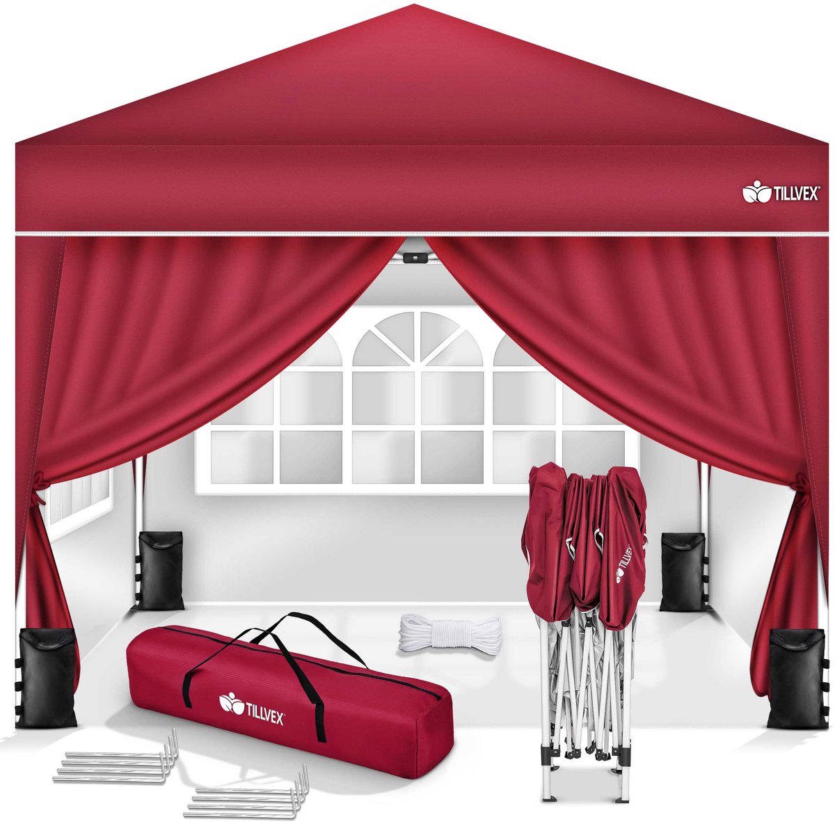 tillvex Paviljoen, 3 x 3 m, waterdicht, pop-upvouwtent, in hoogte verstelbaar, tuintent, uv-bescherming 50+, partytent met tas (rood, met 4 zijpanelen)