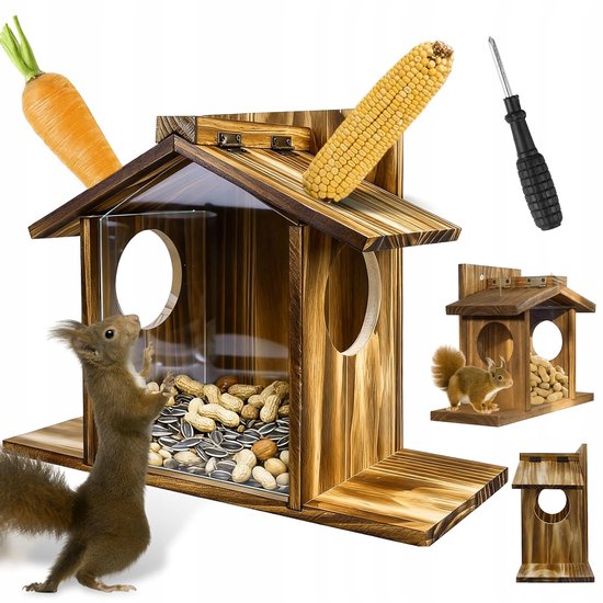 Eekhoornvoeder - Eekhoorn Voederhuisje - Houten - Bruin - 33cm Natuurlijk Hout - Weerbestendig & Dubbel Voederbakje - Voor Tuin en Buiten