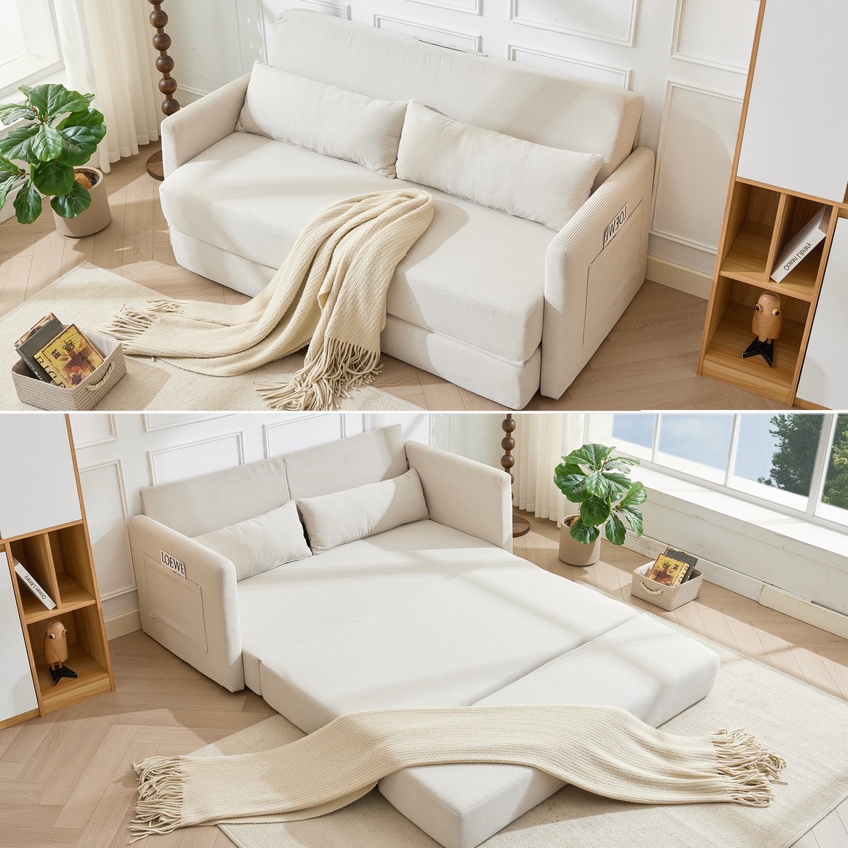 2-Zits Bank, Vloerslaapbank, de 2-in-1 Vouwbank, Corduroy stof, Woonkamer, Appartement, met twee Lendenkussens, Voorzien van twee Tijdschriftenvakken, 165 x 92 x 82 cm,Beige