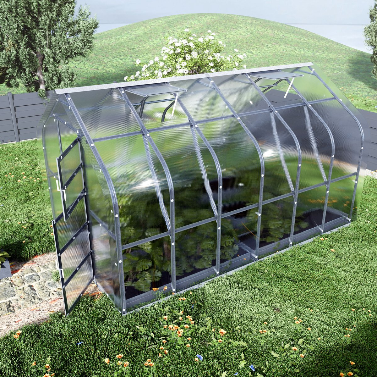 KLASIKA Standaard Tuinkas - 2,5 m x 4 m - 4mm Dikte - Kweekkas - Polycarbonaat afdekking - 2 Automatisch openende daken