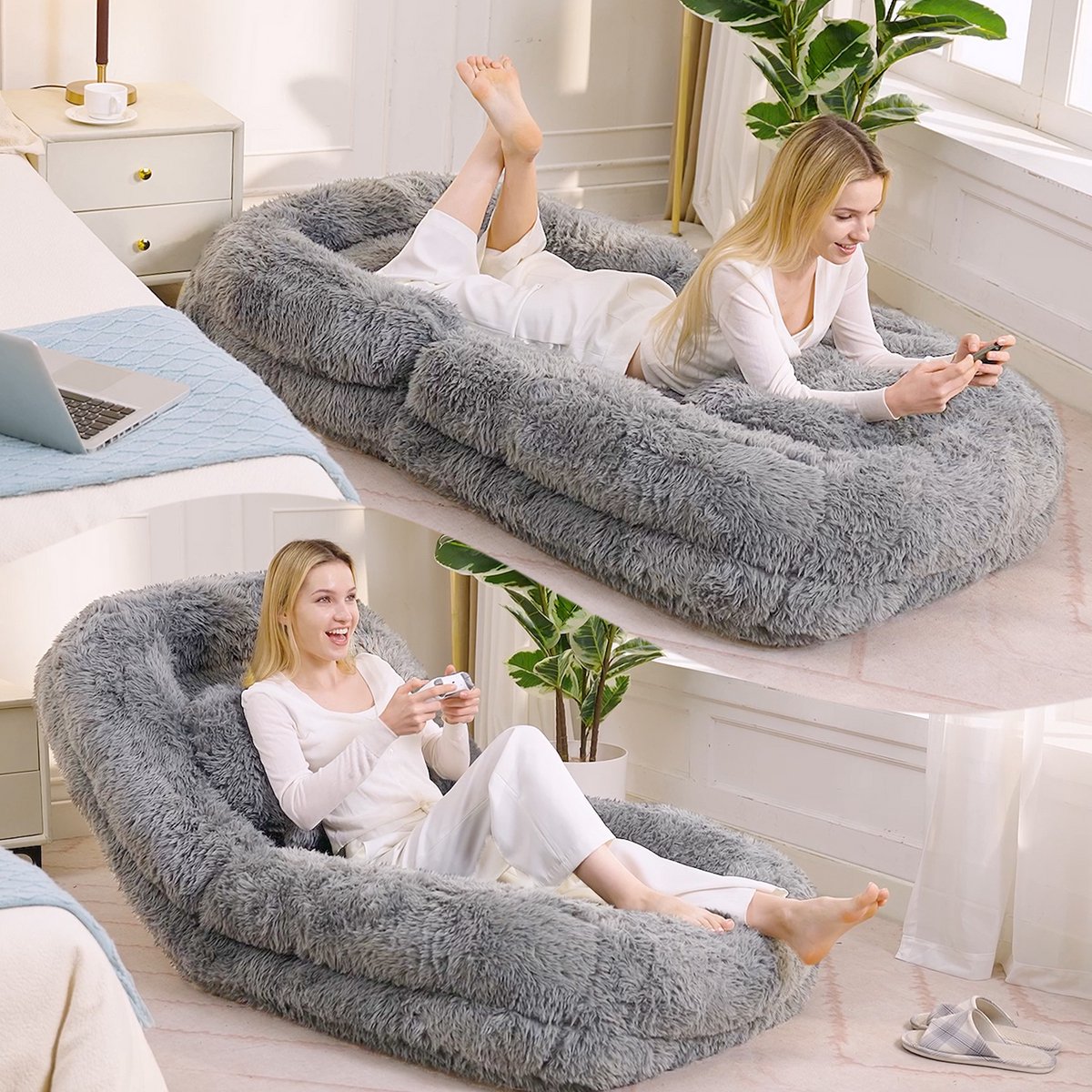 Luie Bank, Menselijk Hondenbed, 5-laags Verstelbare Gamingstoel op de vloer, Woonkamer, Geschikt voor Gaming, Meditatie, Ontspanning, Pluche Stof, Lichtgrijs
