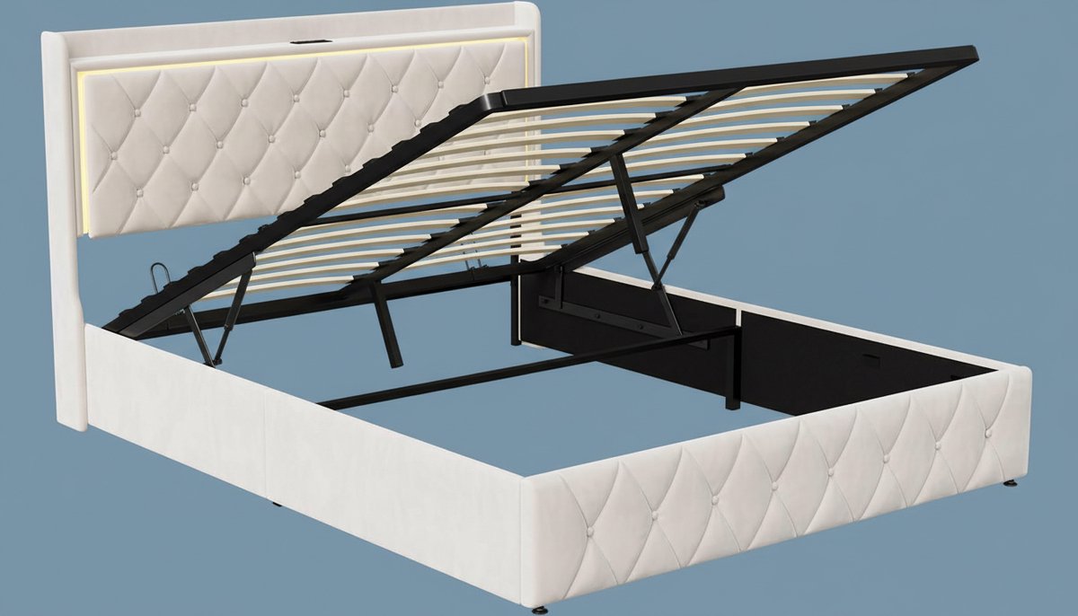 Gestoffeerd Tweepersoonsbed 140x200 cm – Casa Velluto Armonia Luxe Opbergbed met Hydraulisch Frame, LED-hoofdeinde, 2 USB-C Poorten, Houten Lattenbodem & Fluwelen Bekleding – Beige