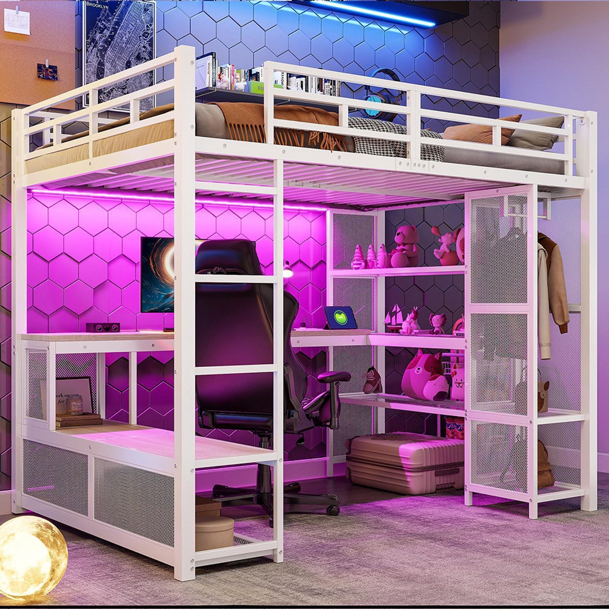 BLACKCOLORS Metalen hoogslaper 140 x 200 cm met opbergruimte, open kast, USB-poort en ledverlichting, wit