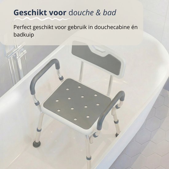 BY JRM® Douchestoel - Douchekruk - Incl. badset, douche puff en douchekophouder - Met Armleuning - Hoogte Verstelbaar - Antislip - Grijs