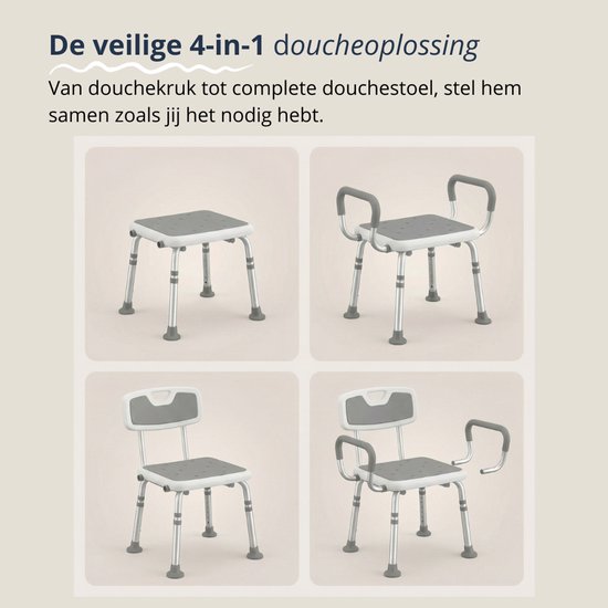 BY JRM® Douchestoel - Douchekruk - Incl. badset, douche puff en douchekophouder - Met Armleuning - Hoogte Verstelbaar - Antislip - Grijs
