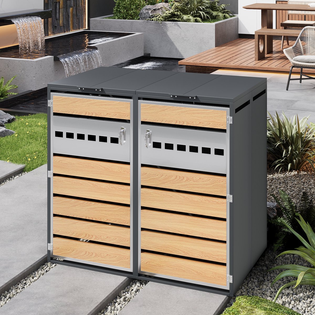 HAUSS SPOLE Afvalcontainer Ombouw - Dubbele Box Met Hydraulische Klep En 2 Deuren - Voor Tuin En Oprit - Staal Grijs Houtlook