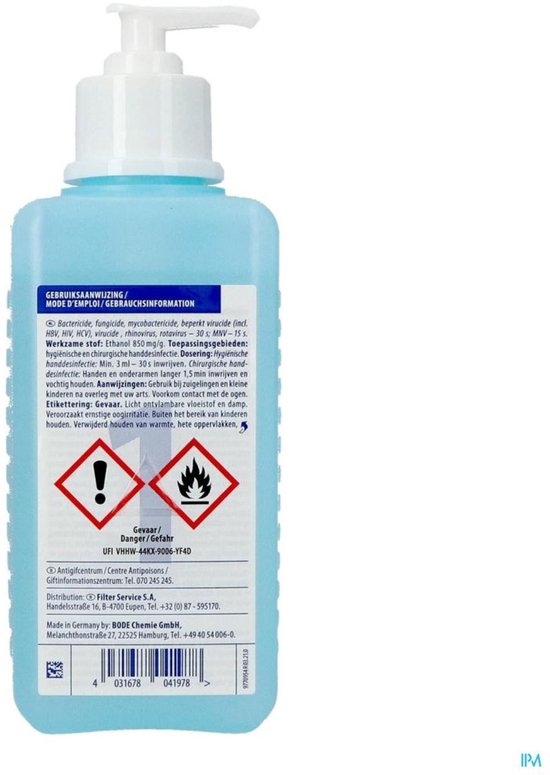 Achterkant van de blauwe Sterillium Gel Pure fles van 475 ml met productinformatie en waarschuwingssymbolen.