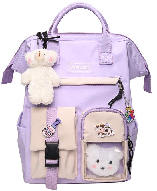 Waterdichte rugzak voor meisjes - rugzak dames - Rugzak Meisje Met Pin en Accessoires - Lichtgewicht Schooltas - rugzak jongens - School Student Schooltas - Rugzakken met grote capaciteit - Tieners - Schoolrugzakken voor middelbare School - Paars