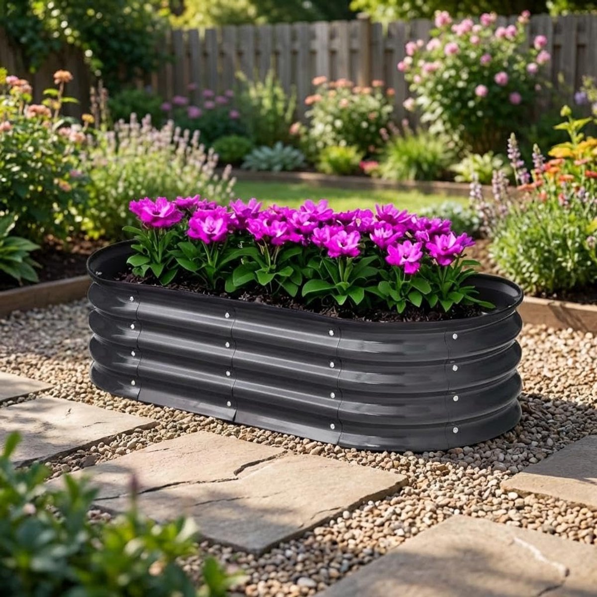HoerFuriy Plantenbak - Metalen Moestuinbak - 195x28x60 cm - Verzinkt Staal - Bodemloze Kweekbak - Met Rubberen Veiligheidsrand - Zwart