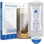 Verpakking van de Coverzs screenprotector, met 2 screenprotectors, montageframe en instructies. "ONE BRAND, ALL COVERED."