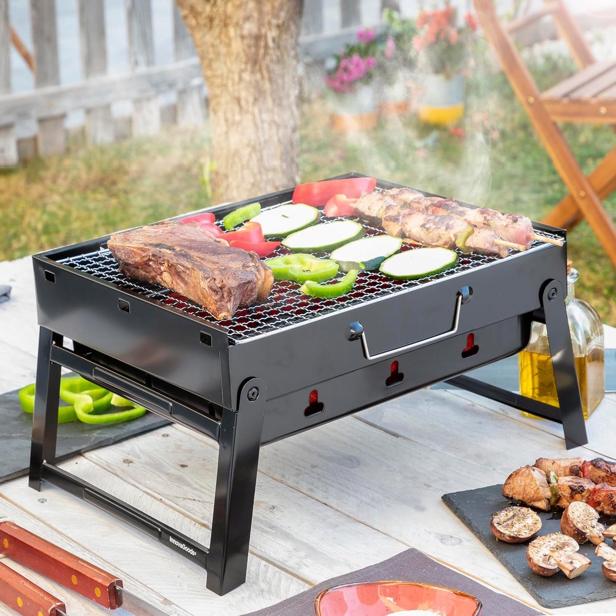 ATXANC BBQ Grill - Tafel Barbecue - Houtskoolbarbecues - Mini Houtskool Smoker - Opvouwbare inkapbare ruime tafel BBQ voor camping reizen vakantie compact