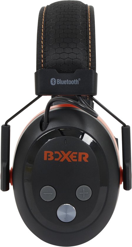 Zwarte oorkap met oranje "BOXER" logo, Bluetooth symbool, plus en min knoppen.