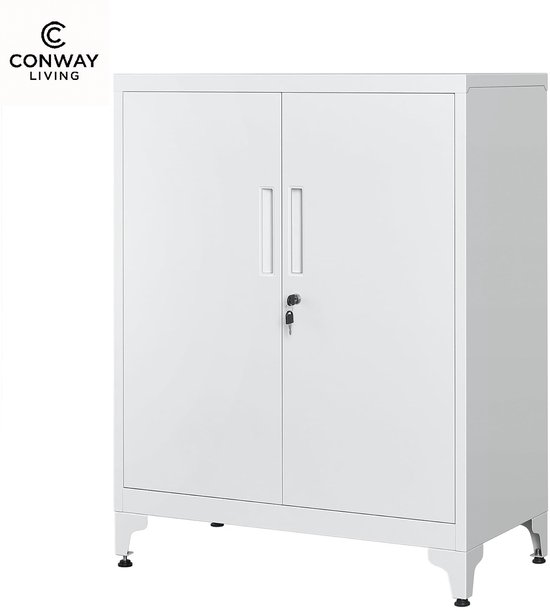 Een gesloten witte metalen archiefkast met Conway Living logo, dubbele deuren en grepen, op pootjes.